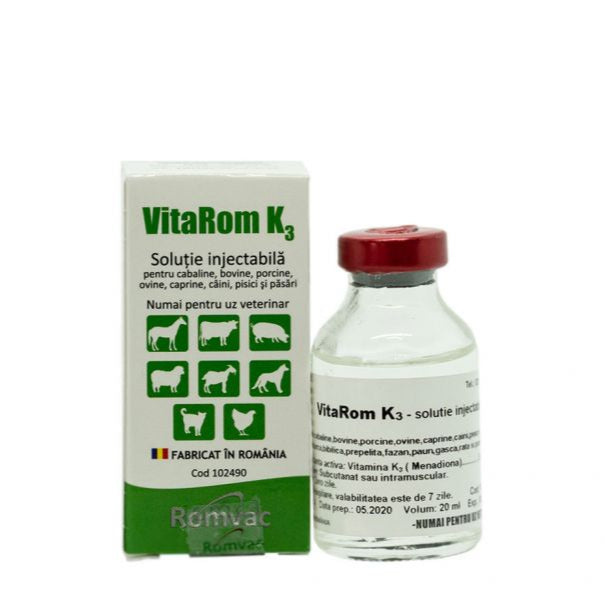 VITAROM K3 INJ 20ML // Horses, cattle, pigs, sheep, goats, dogs, cats and birds / Cavalli, bovini, suini, pecore, capre, cani, gatti e uccelli