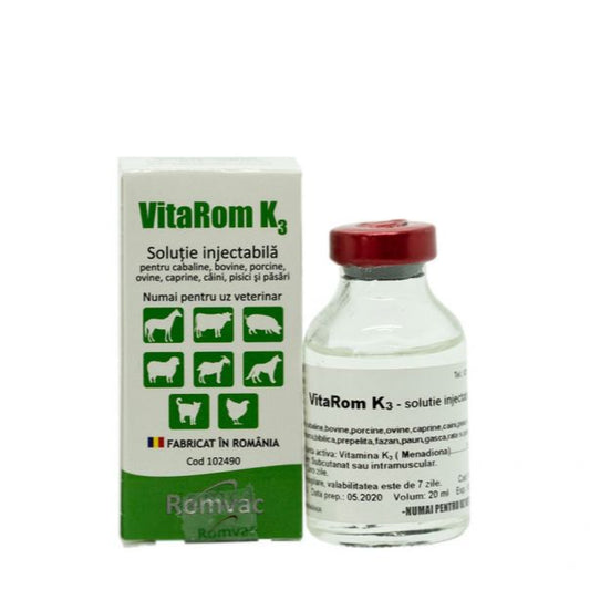 VITAROM K3 INJ 20ML // Horses, cattle, pigs, sheep, goats, dogs, cats and birds / Cavalli, bovini, suini, pecore, capre, cani, gatti e uccelli