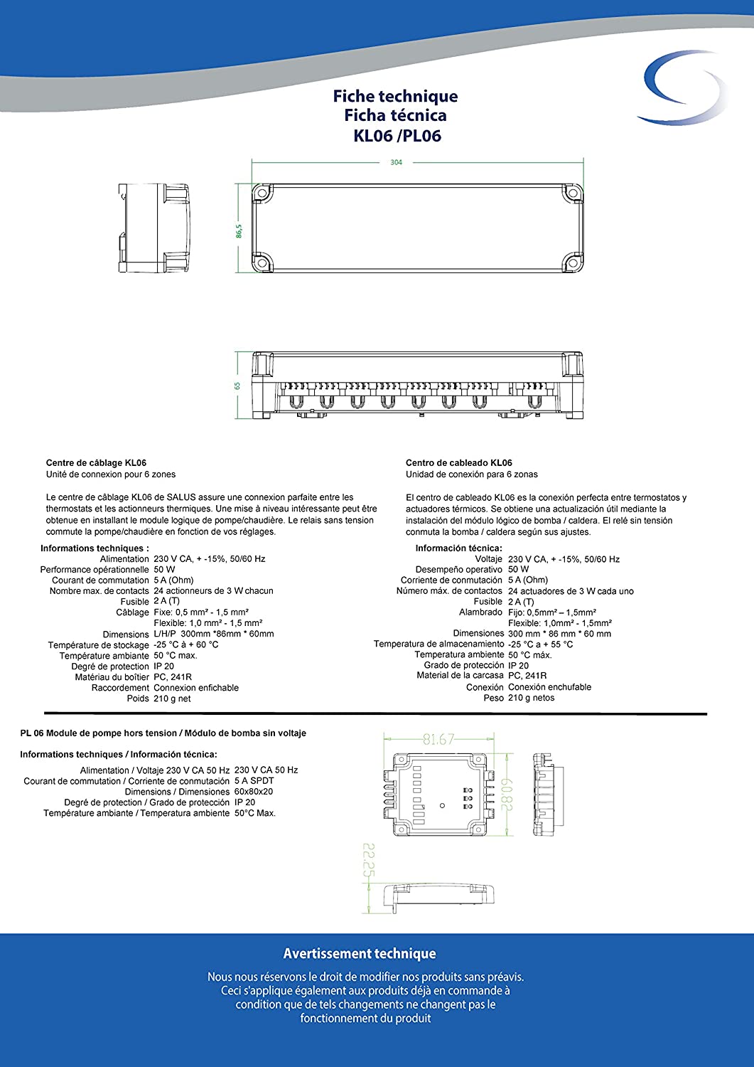 Salus KL06 Wiring Centre 230V for Underfloor Heating with Pump Module PL06, Terminal Strip for 6 Room Thermostats and 24 Actuators with Pump Control - Pet Shop Luna