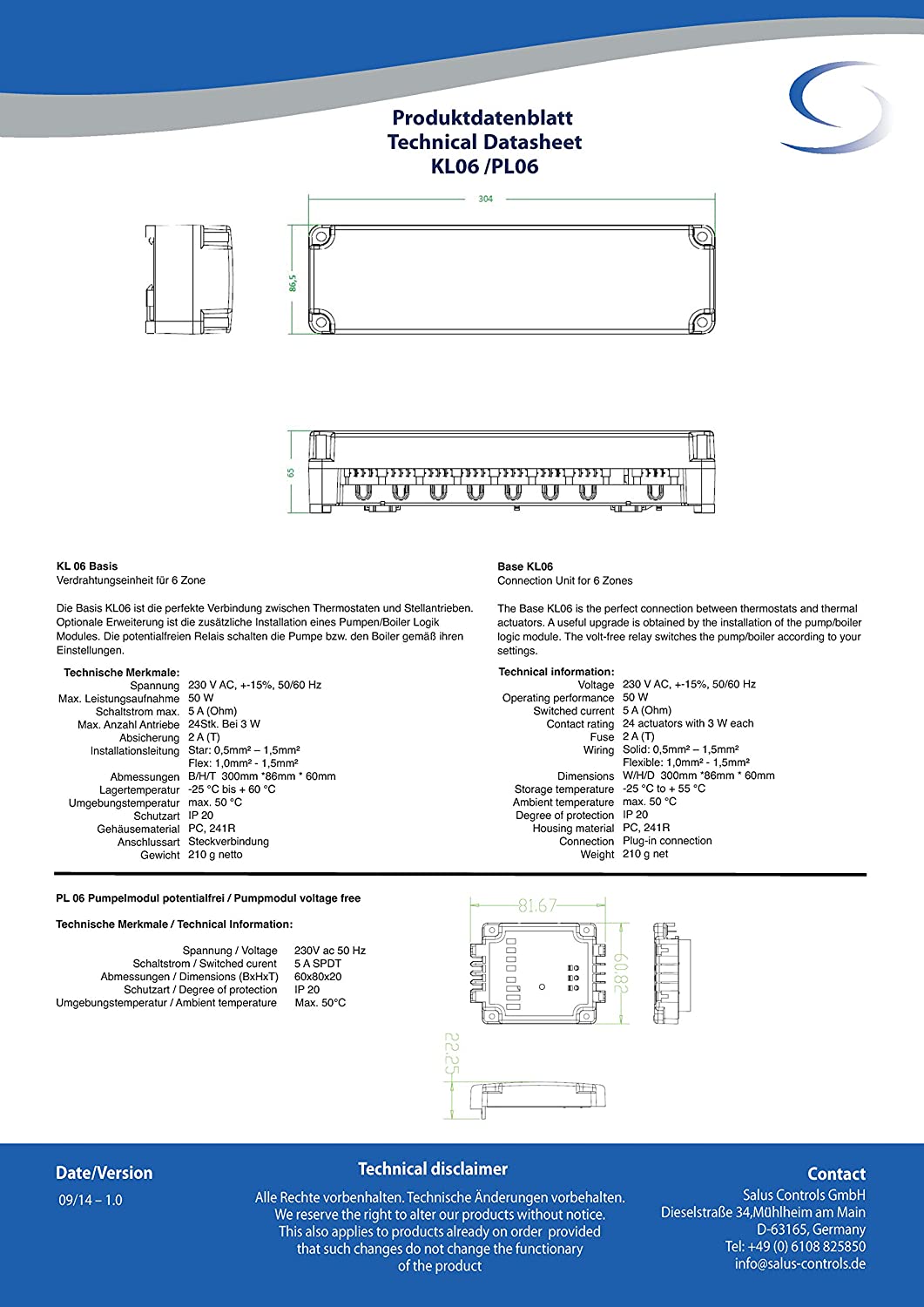 Salus KL06 Wiring Centre 230V for Underfloor Heating with Pump Module PL06, Terminal Strip for 6 Room Thermostats and 24 Actuators with Pump Control - Pet Shop Luna